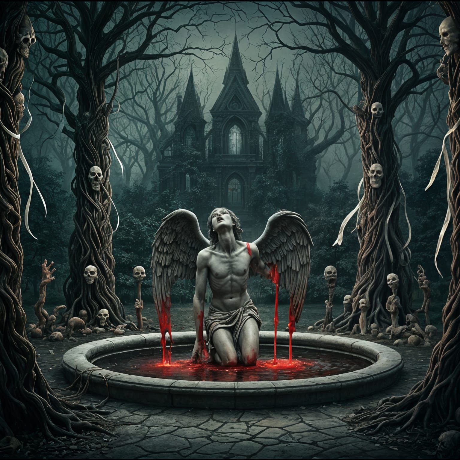 Gloomy Garden with Screaming Angel Statue