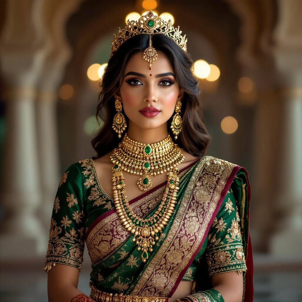 Regal Queen in Gold and Emerald Jewelry