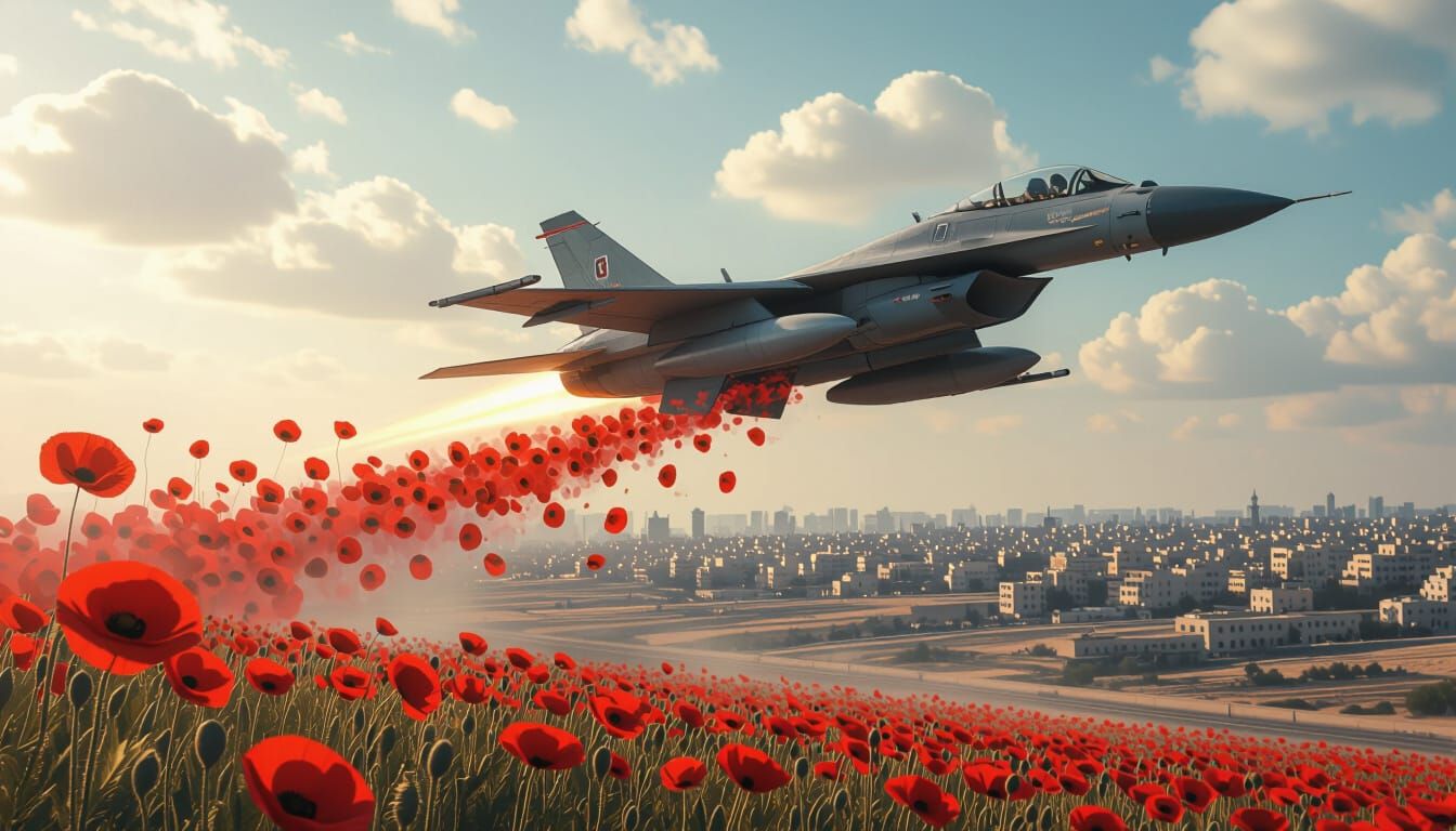 Fighter Jet Dropping Poppies in Cinematic Style