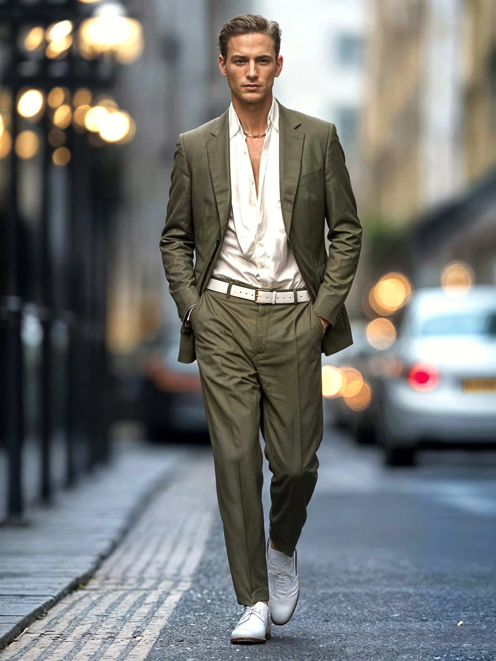 Elegant Gentleman in Olive Suit with Bokeh London Background