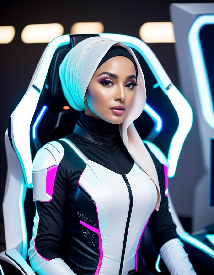 Futuristic Gamer: Curvy Woman in Neon Cyberpunk Suit