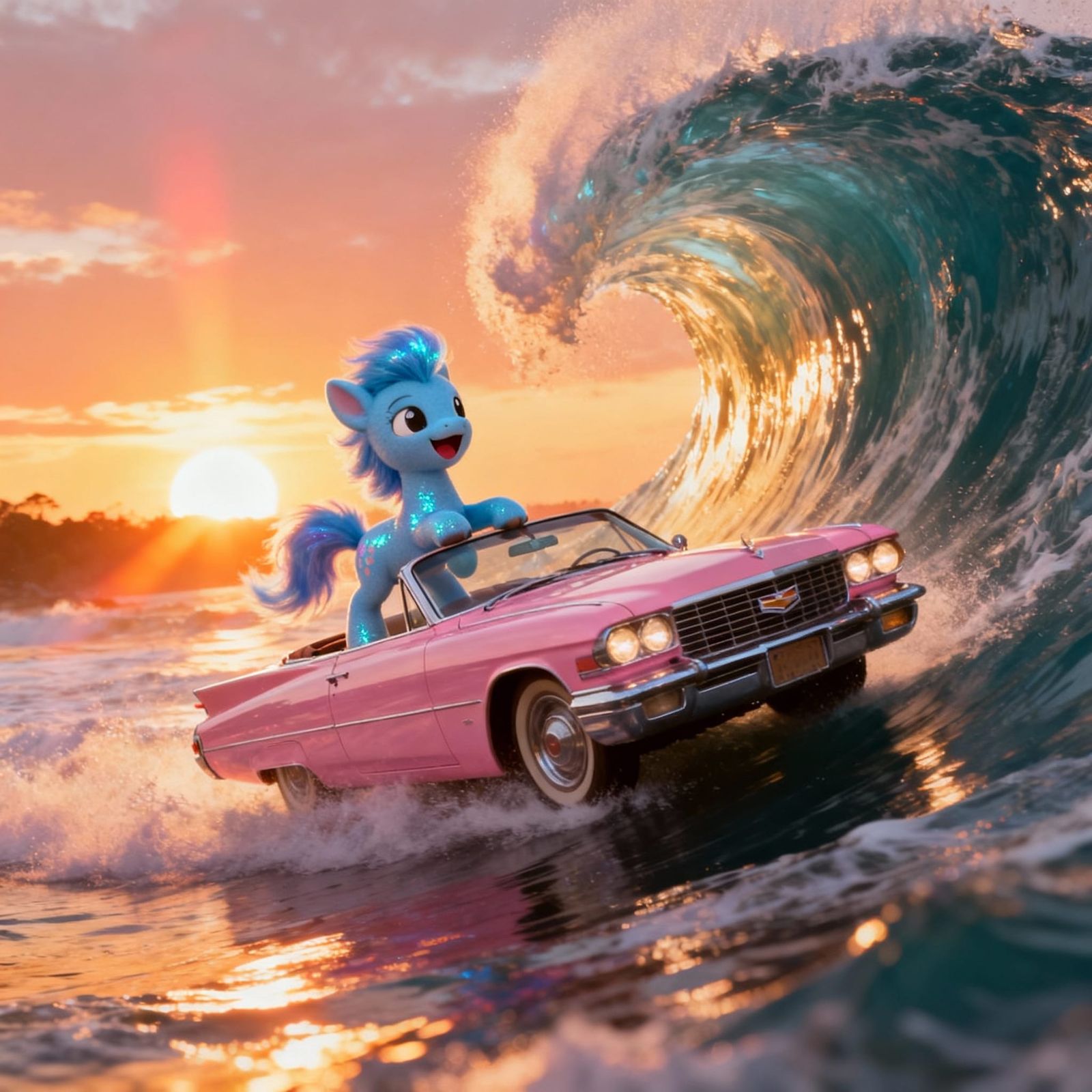 Blue Pony Rides Pink Cadillac on Swirling Wave at Sunset