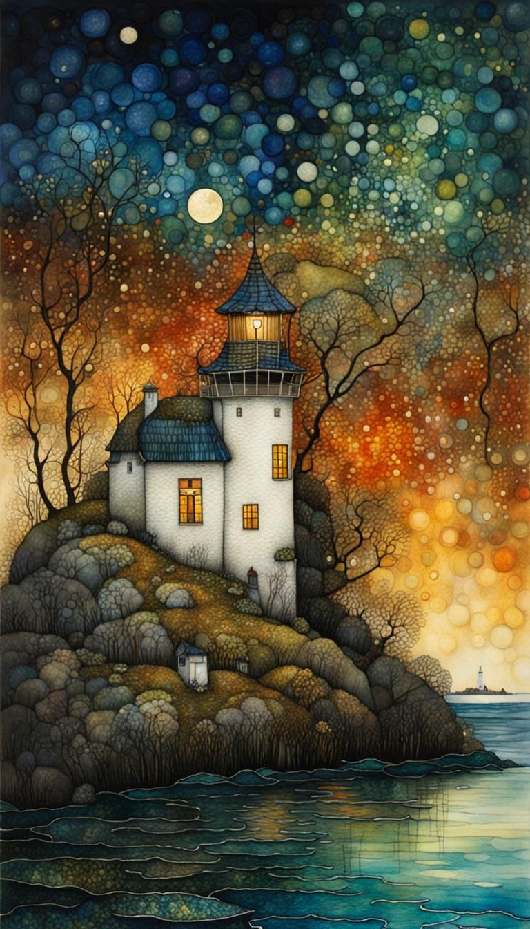 Iridescent Lighthouse at Night, Patchwork Style