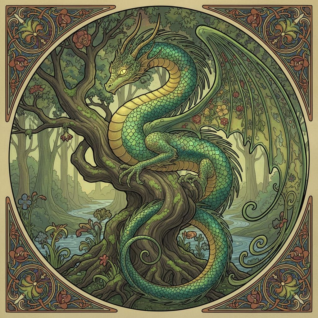 Art Nouveau Emerald Dragon on Mossy Tree