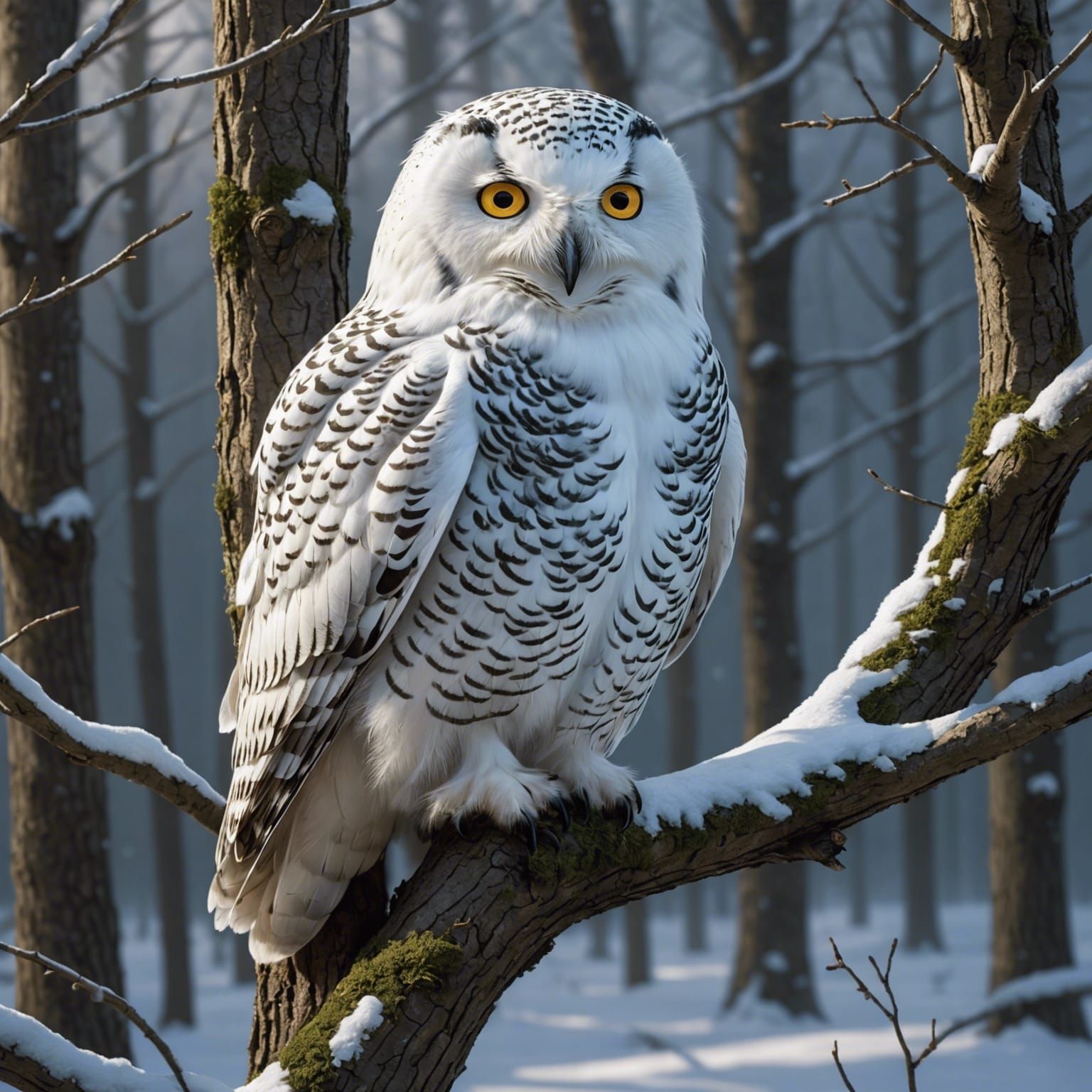 Adorable snowy owl perched on a tree branch, showcasing hype...
