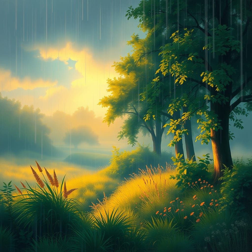 Nostalgic Summer Rain Landscape in Impressionist Style