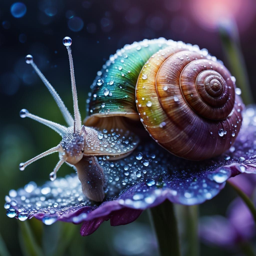 Luminous Snail on a Purple Flower at Night