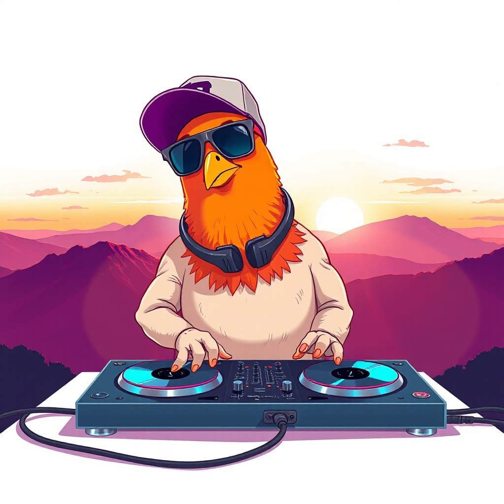 Vibrant Sunset Pigeon DJ Spinning Tracks Behind Cartoon Deck...
