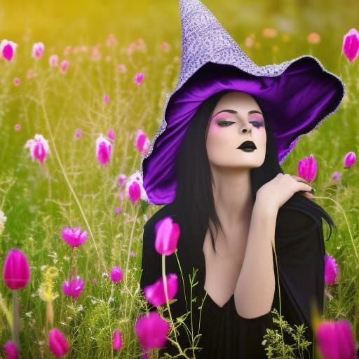 Gothic Witch in Flower Meadow, Digital Art