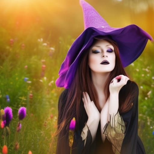 High Gothic Witch in Flower Meadow, Hyperdetailed Portrait