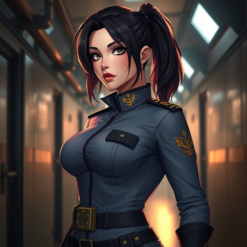 Sultry Female Prison Guard in Dark Dystopian Corridor