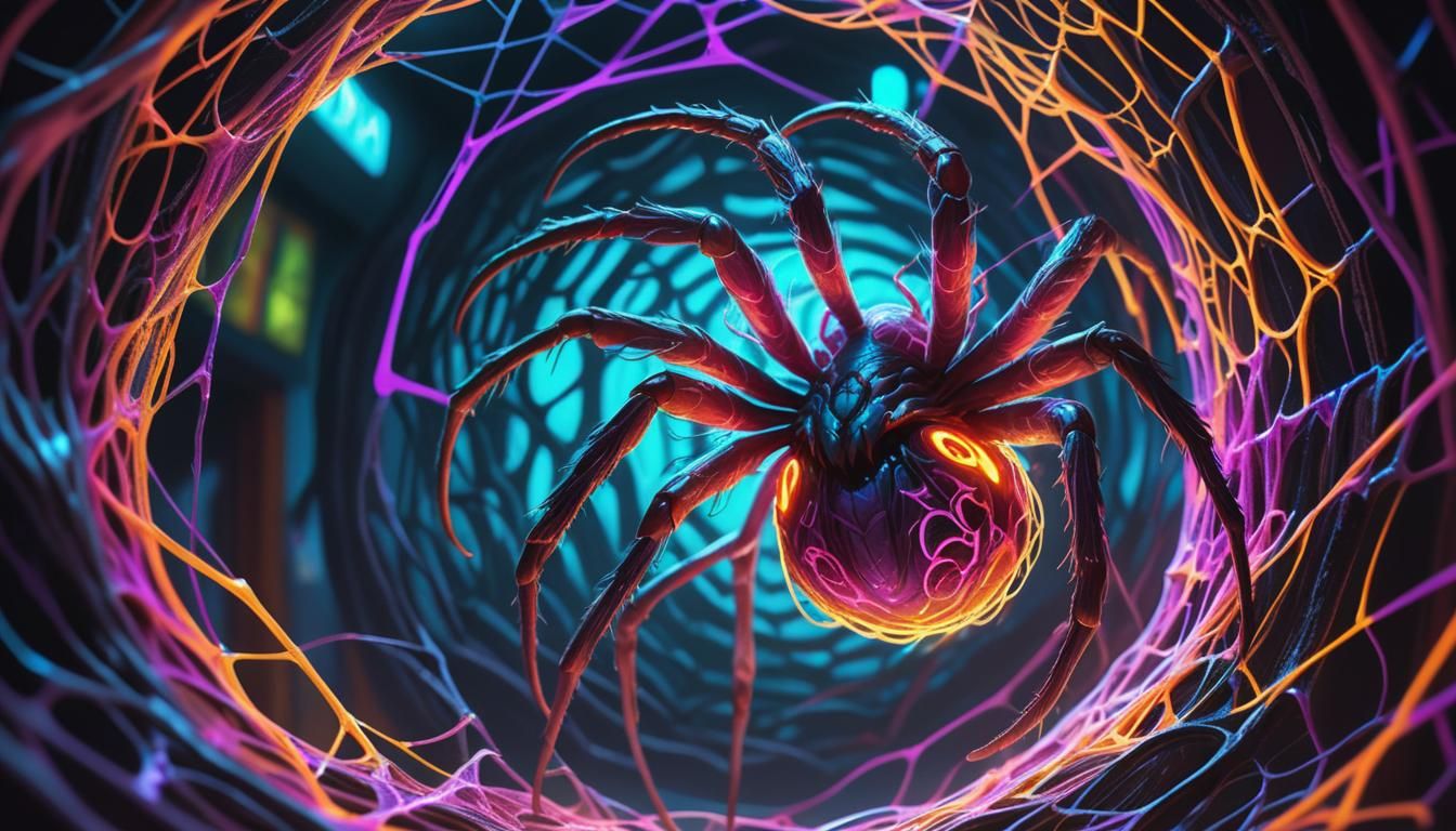 Eldritch Creature Trapped in Colorful Web Vortex