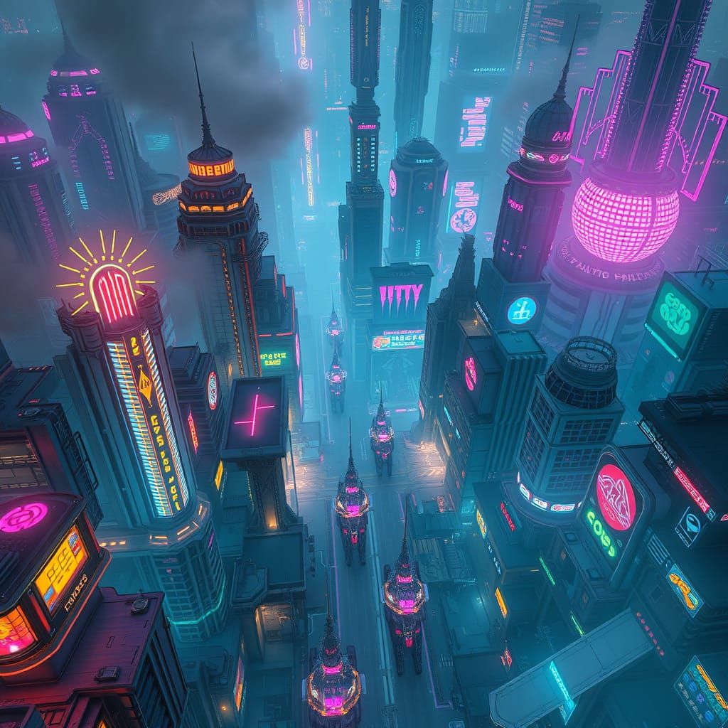 Neon Fantasy Cityscape with Holographic Projections