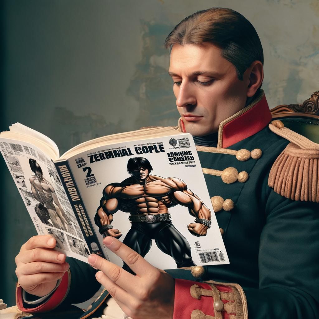 Napoleon, who was exiled to the island of Elba, reading a manga about adventure and exploration.