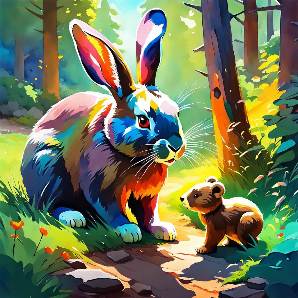 Giant Rabbit and Tiny Bear in Post-Impressionistic Watercolo...