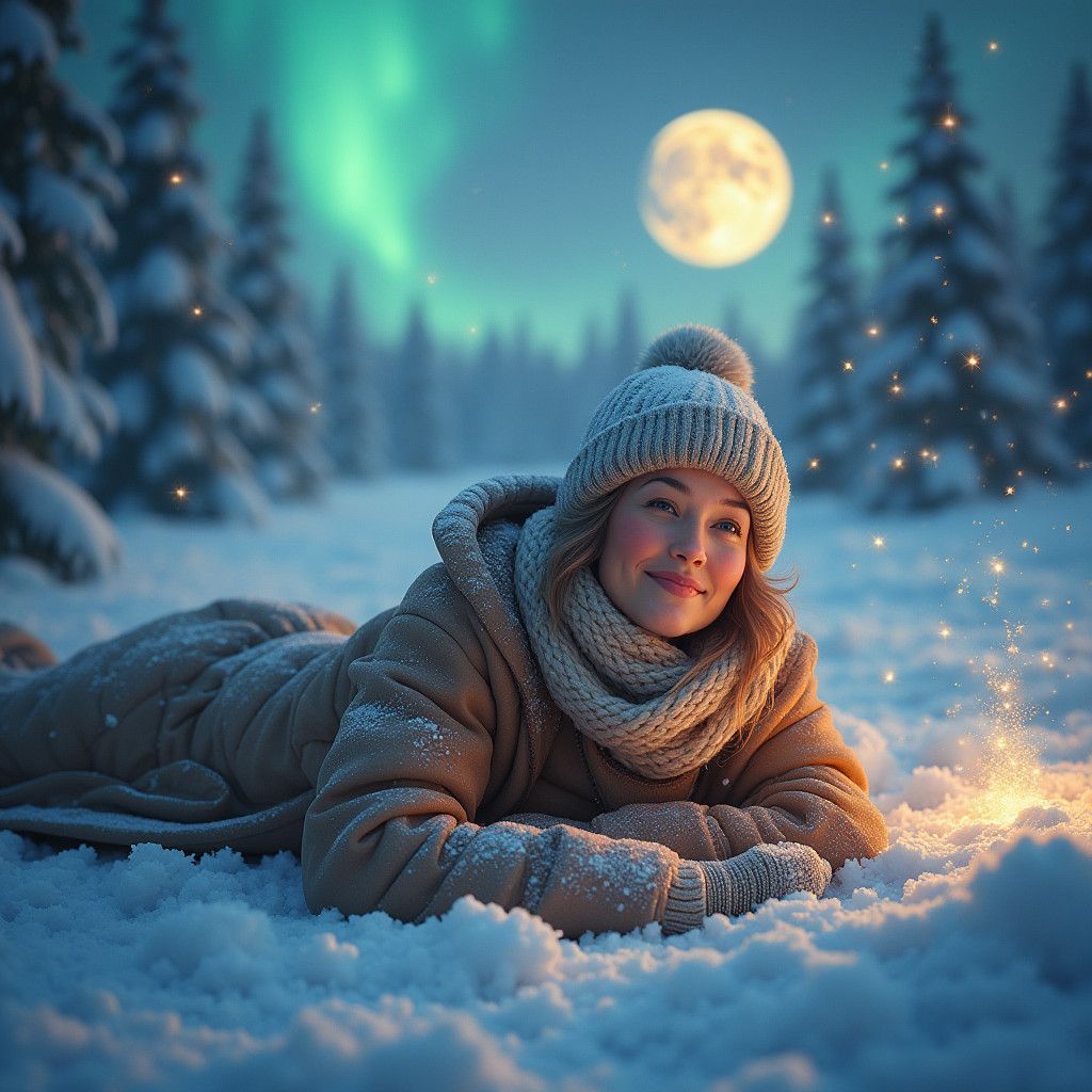 Gentle Woman Soars in Whimsical Snowscape Painting