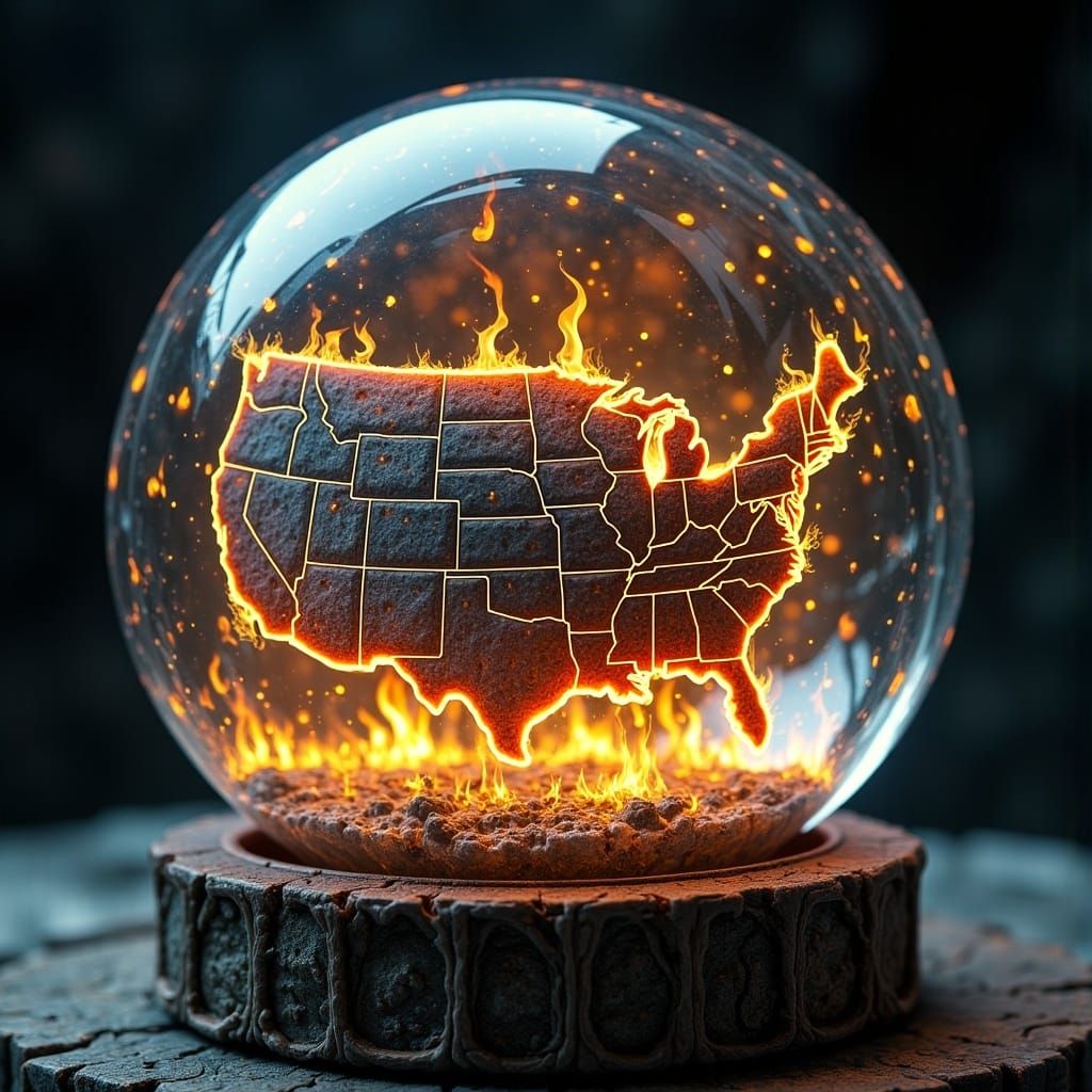 Burning US Map Inside Crystal Ball in Photorealism