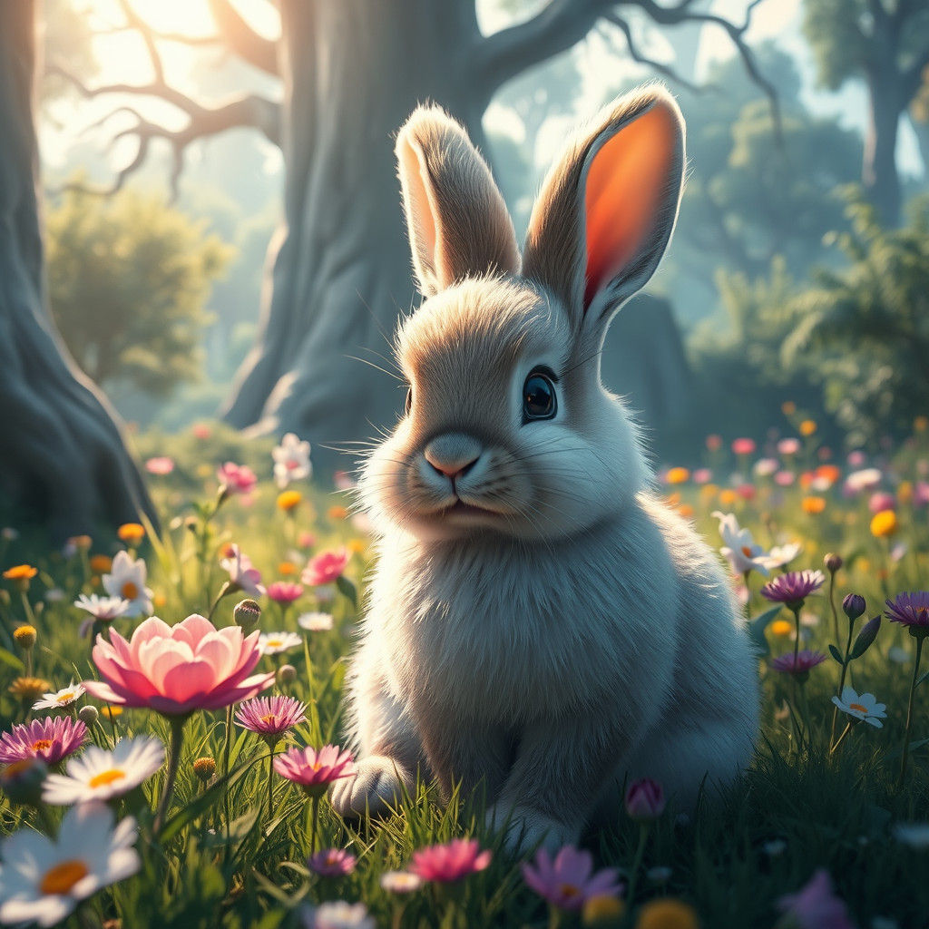 Adorable Bunny in a Dreamlike Fantasy Meadow