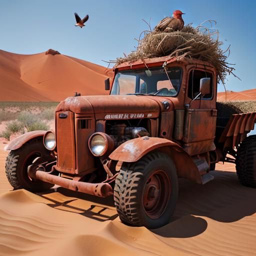 Deserted Tractor Oasis: Bird Nest on Rusty Hood