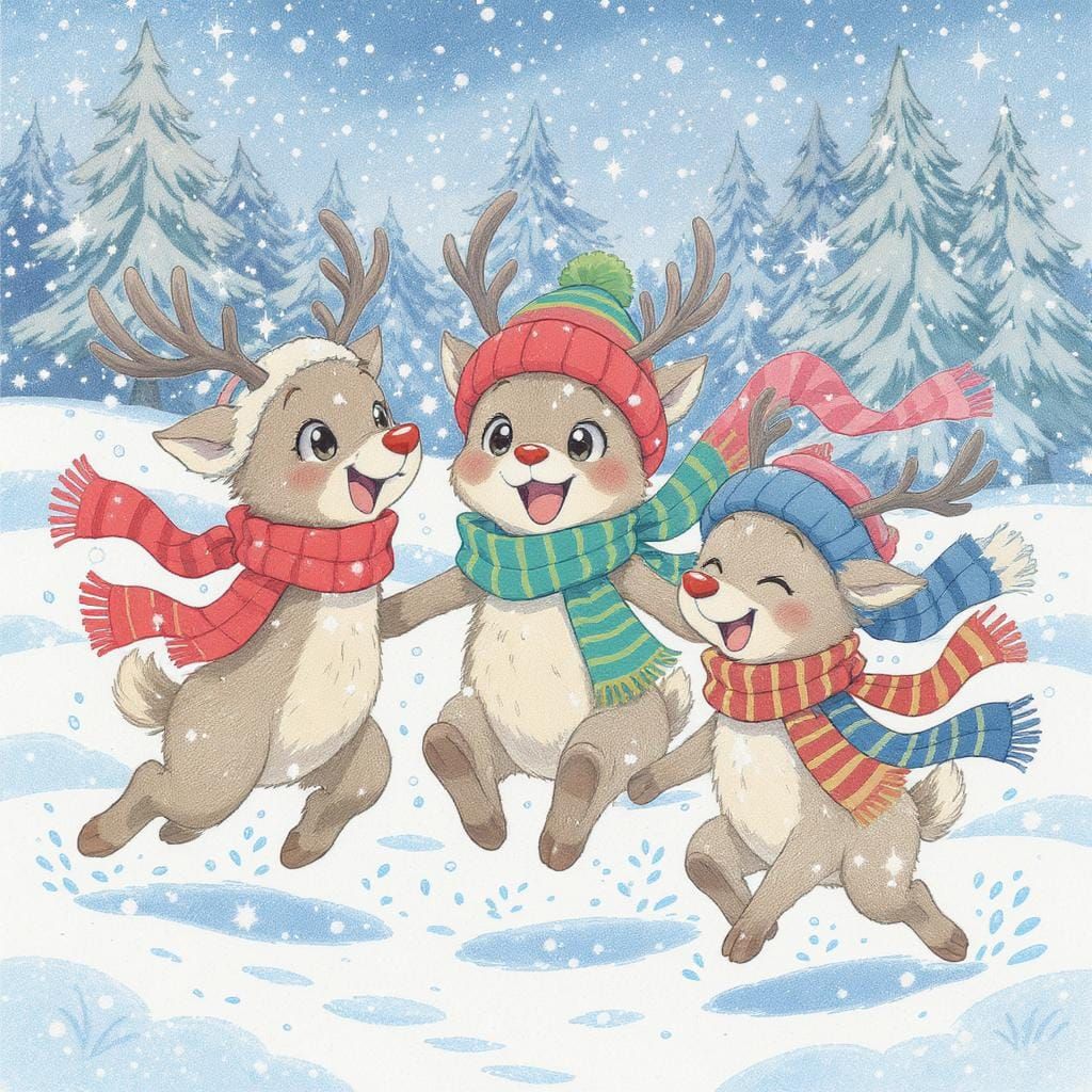 Festive Reindeer Play in Snowy Anime Scene