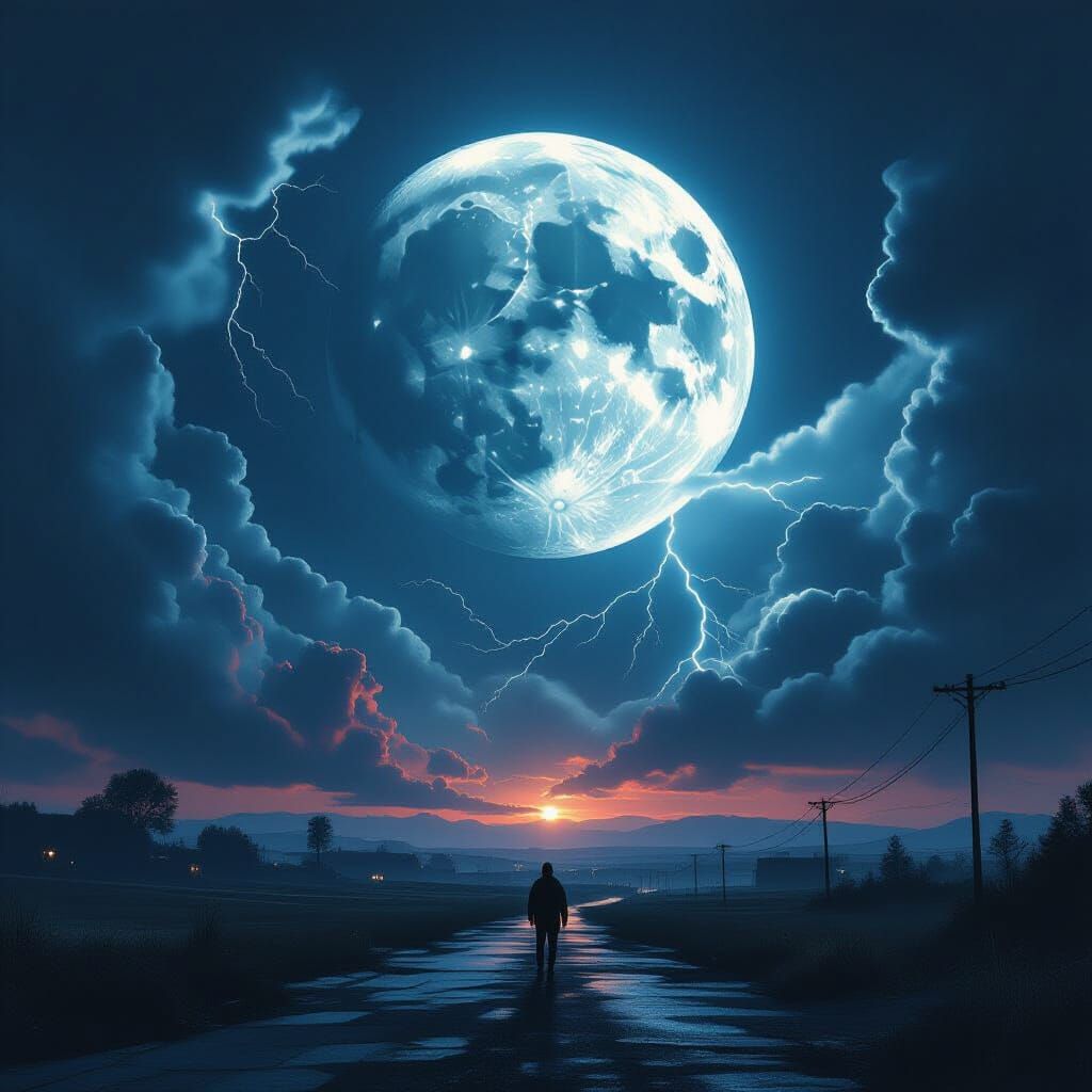 Ominous Moon Rising Over Dystopian Landscape