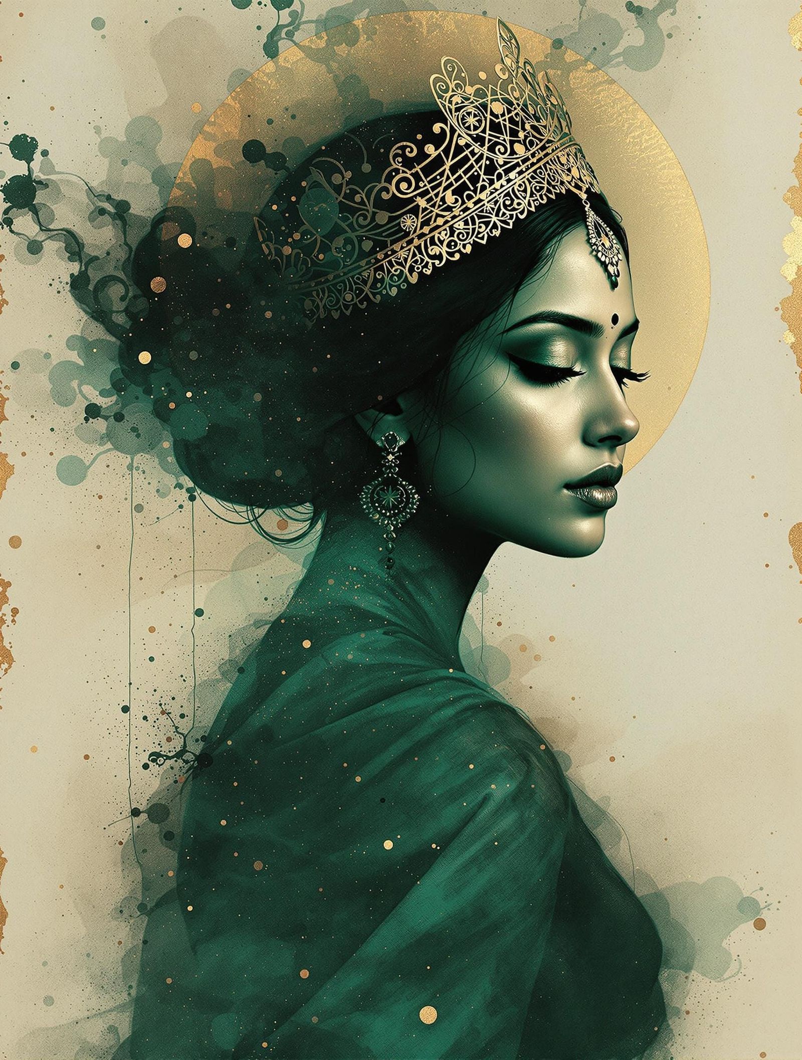 Sari-Clad South Asian Woman in Ethereal Teal and Gold Hues