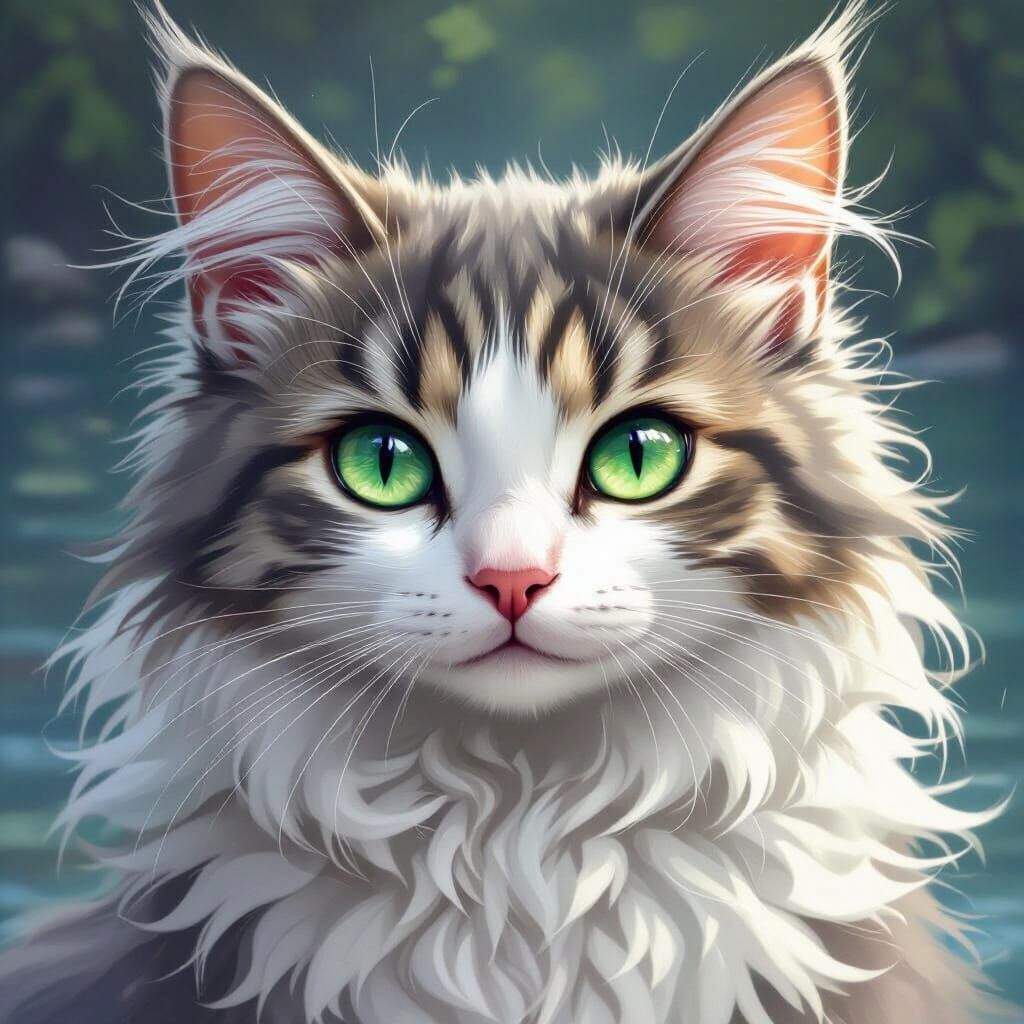 Silver Cat with Green Eyes by River