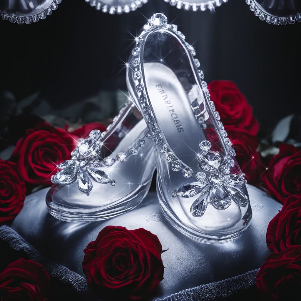 Diamond Crystal Slippers and Roses in Dark Room