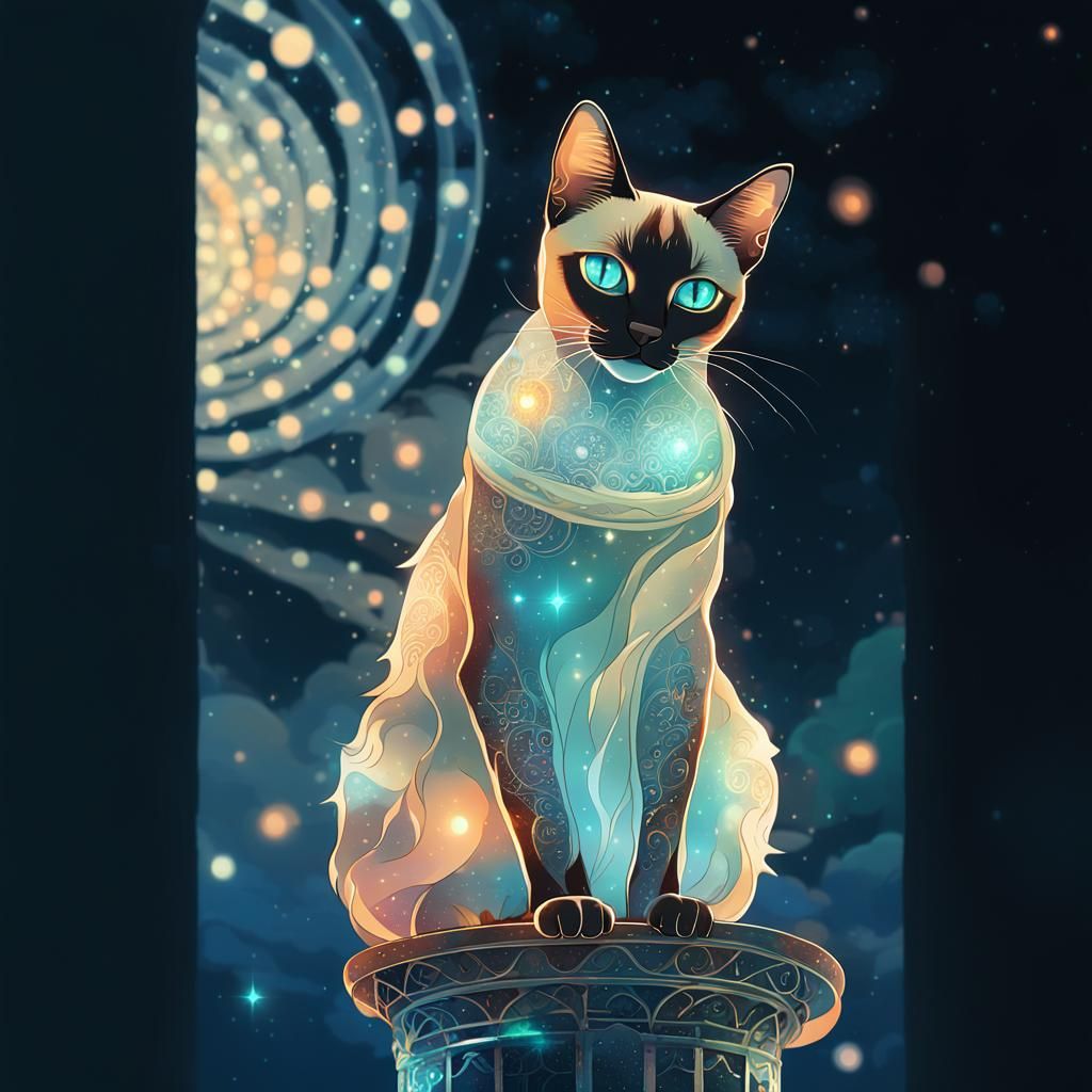 Siamese Cat on Glass Post with Nebula Backlight