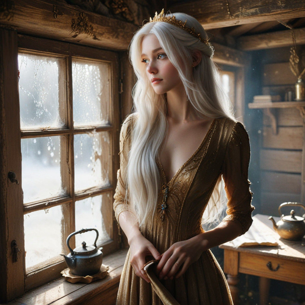 Regal Princess in White Gown with Golden Glow