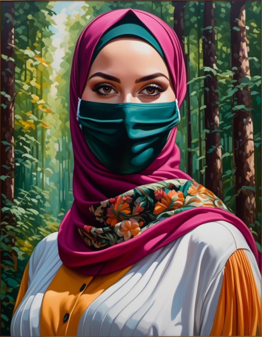 Woman in Hijab and Mask in Forest, Oil Painting