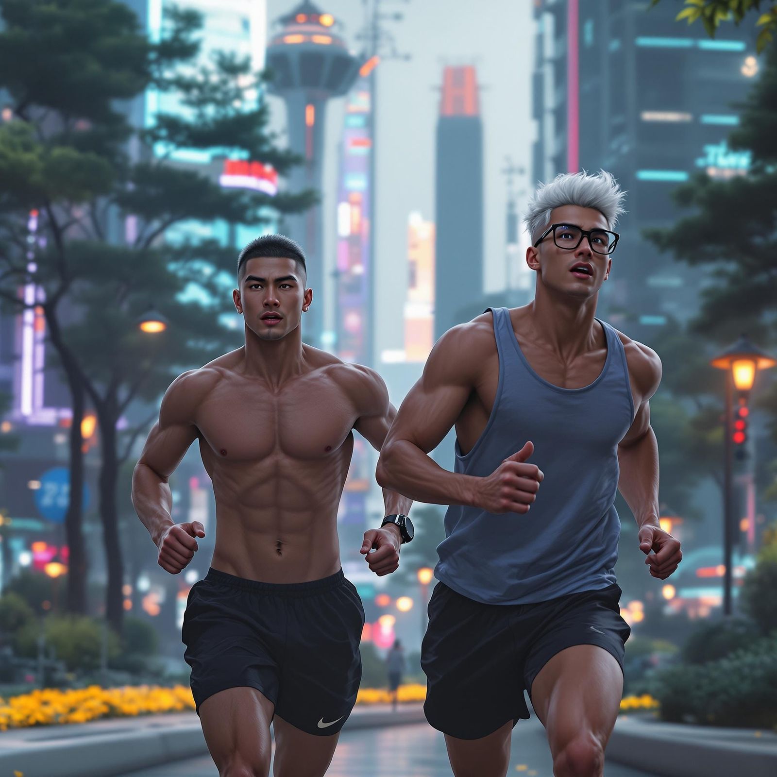 Asian Athlete and Nordic Boyfriend Run in Futuristic City