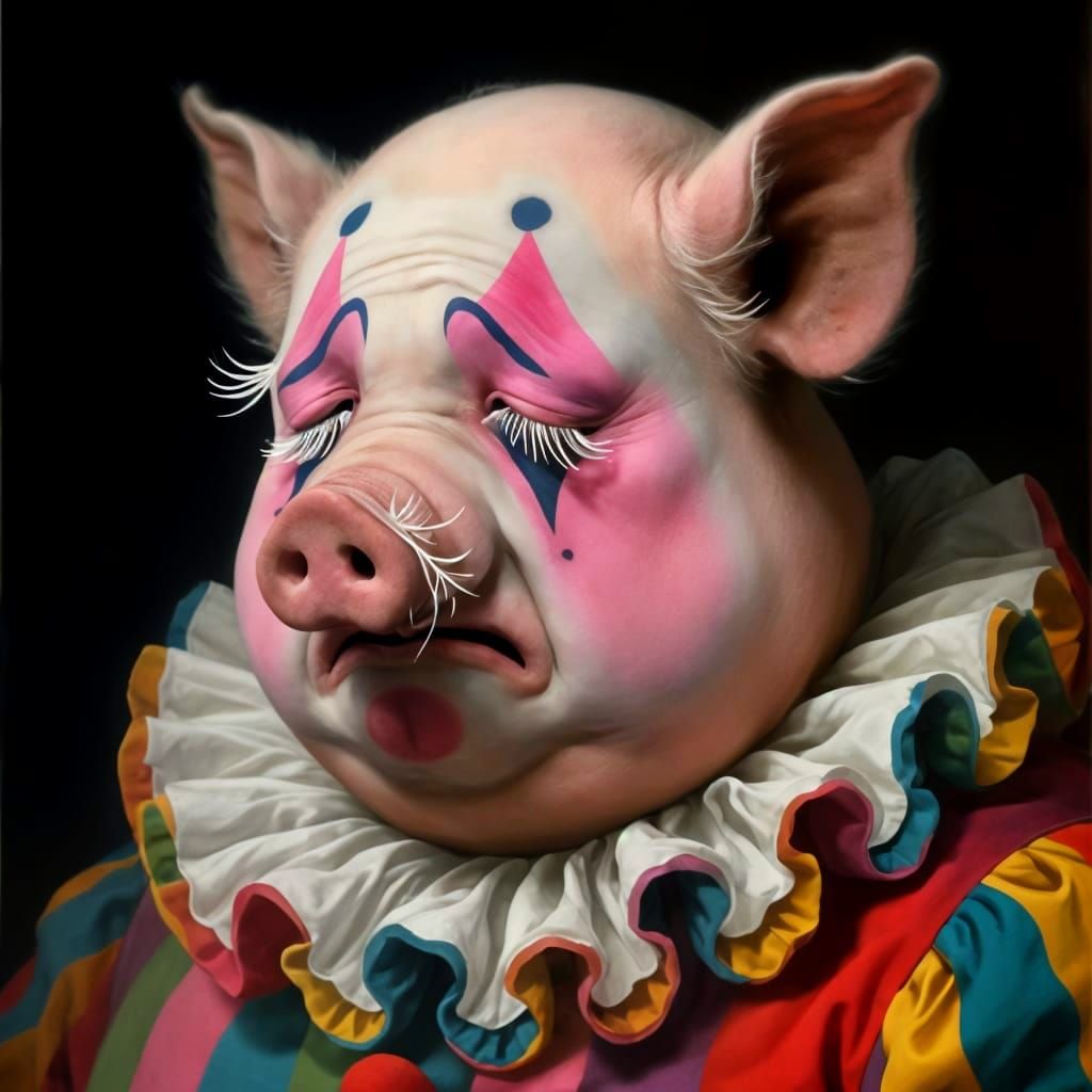 Sad Pig-Faced Pierrot Clown in Multicolored Ruffles