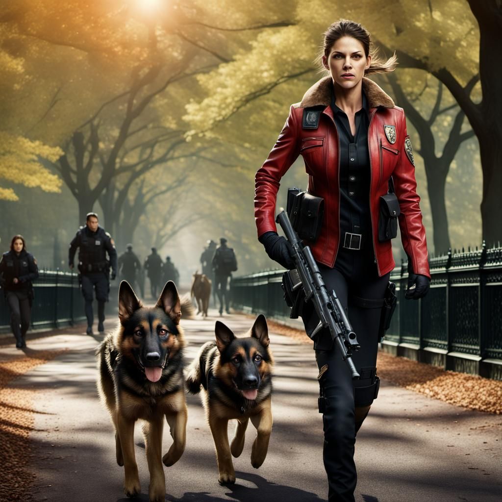 Police Officer and Dog Running Through Central Park