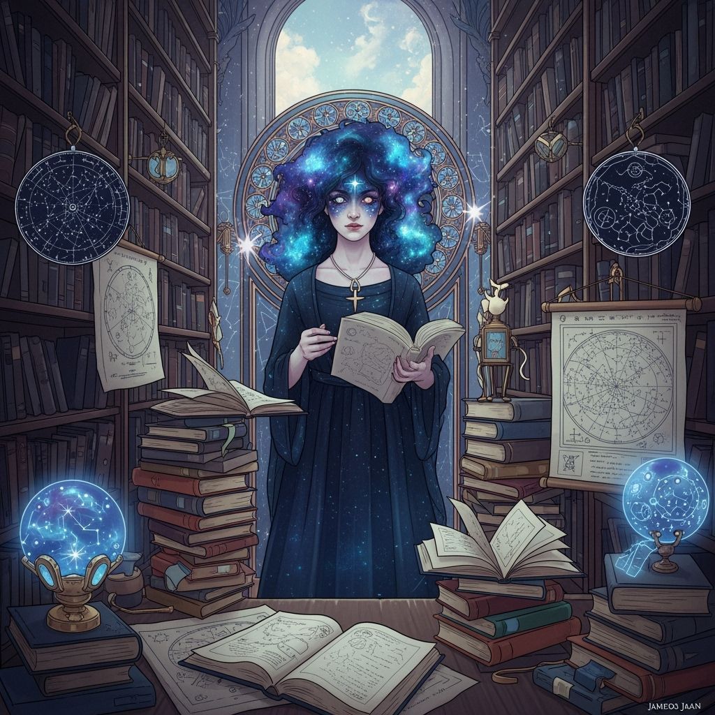 Celestial Librarian in Cosmic Surrealism Style
