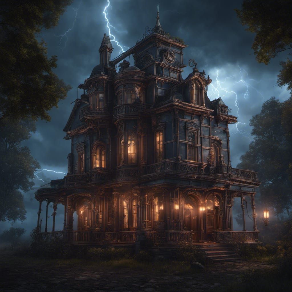Haunted Steampunk Mansion with Lightning, Detailed Matte Pai...