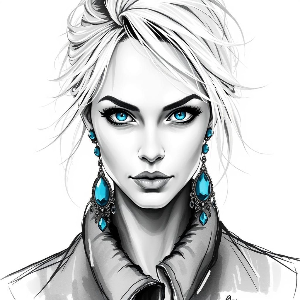 Contemporary Grayscale Portrait with Turquoise Accents
