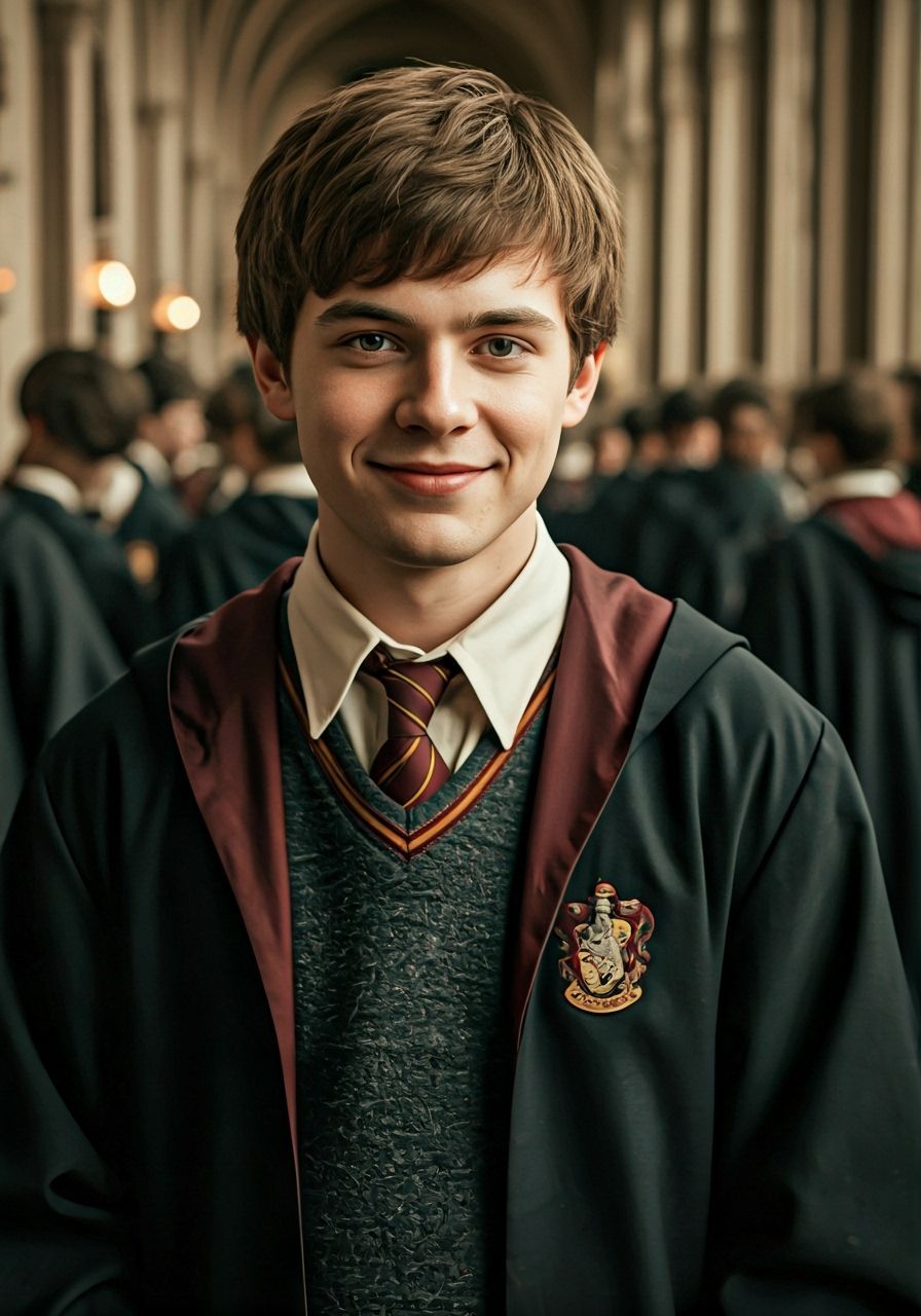 Handsome Gryffindor Student in Hogwarts Hallway, Cinematic S...