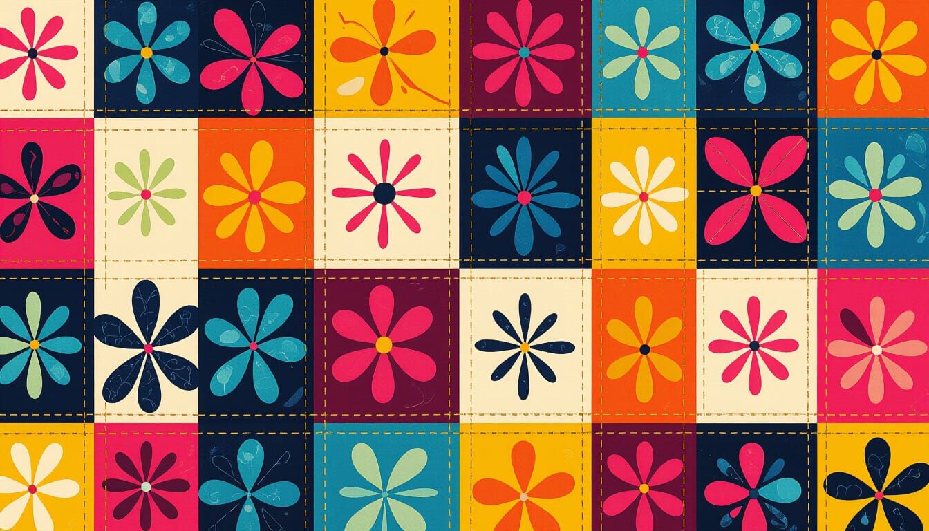 Colorful Stitched Quilt Fabric Design in Polychromatic Hues