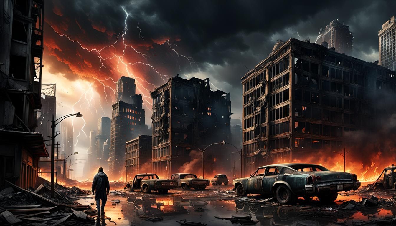 Post-Apocalyptic Cityscape with Ghostly Figure in Dark Fanta...