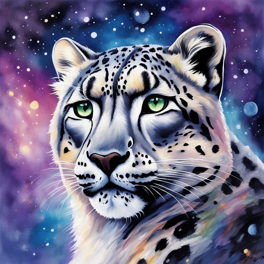 Snow Leopard Portrait Under Shimmering Aurora Sky