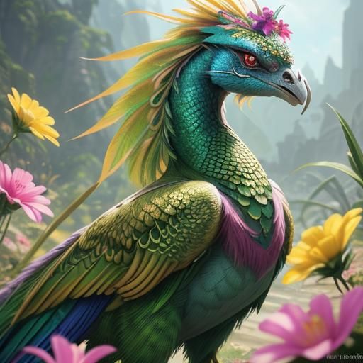 Silver Skinned Woman with Dragon Peacock: 3D Fantasy Art