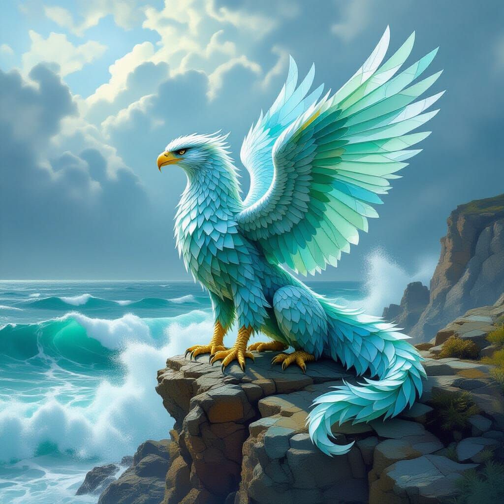Sea Glass Griffin on Stormy Cliff Overlooking Ocean