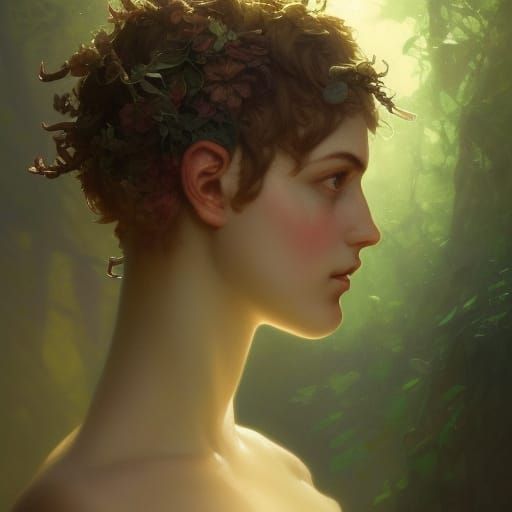 Faun Statue Portrait in Green Forest, Detailed Art