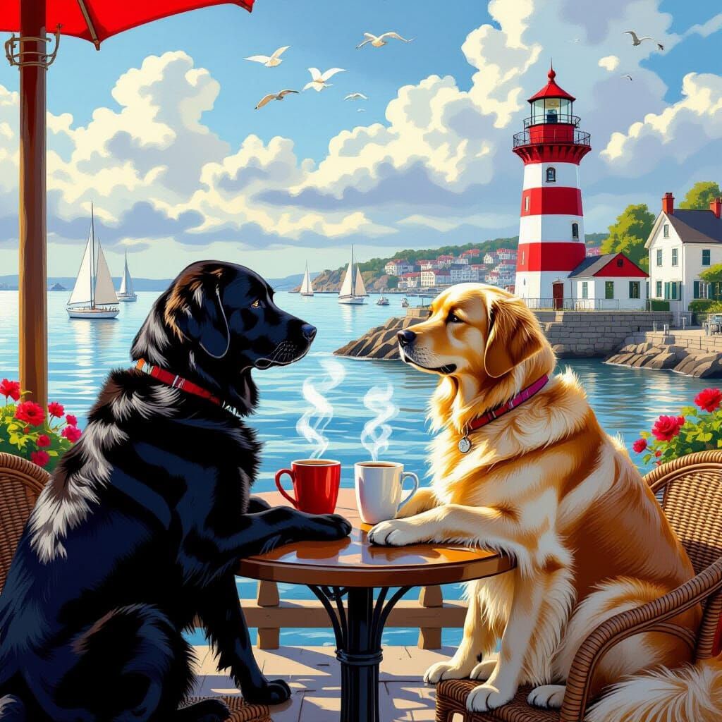 Labrador and Golden Retriever at Waterfront Cafe