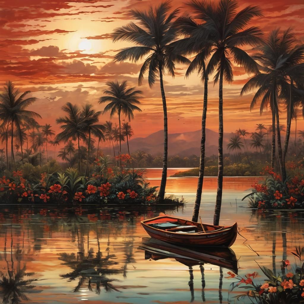 Lagoon Sunset with Elegant Boat in Renaissance Style