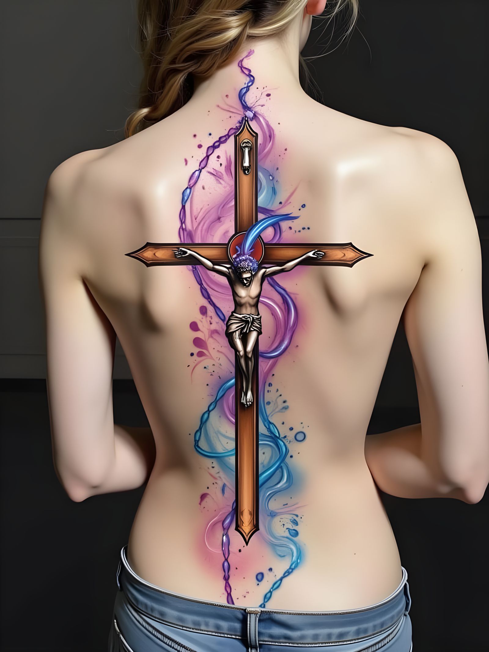 Full Female Back Crucifix Tattoo