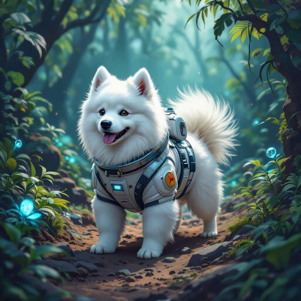 Samoyed Dog Exploring Alien Planet in Digital Painting Style