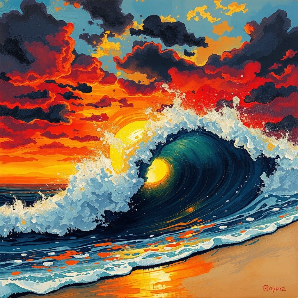 Storm Wave Crashing at Sunset: Impasto Painting