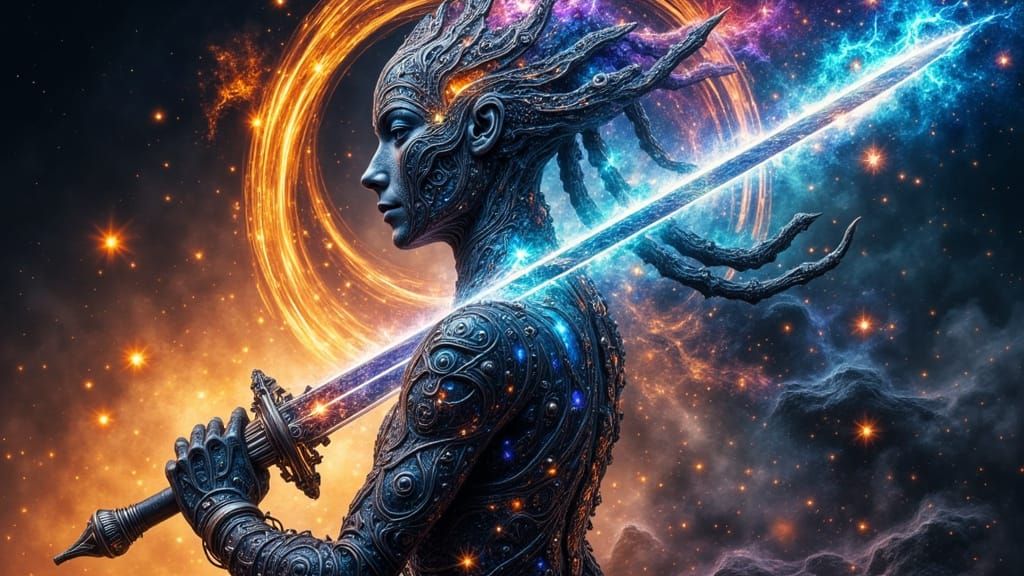 Cosmic Warrior with Starlight Sword in Surreal Style